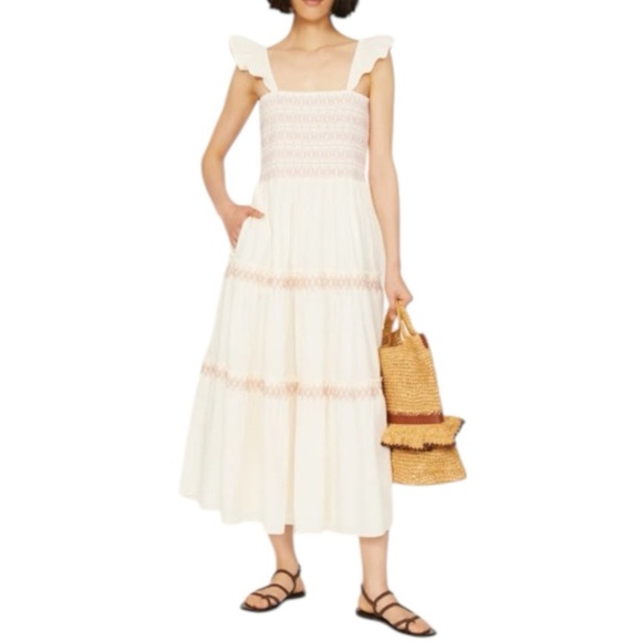 Madewell Dresses & Skirts - Madewell Lucie Smocked Embroidered Tiered Midi Dress -Lighthouse / Cream - Large